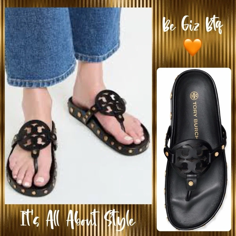 🔥🔥NWT Authentic Tory Burch Miller Cloud Gold Coin Thong Sandals Black 11 M